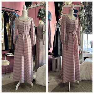 Vintage 60s 70s Maxi Dress Pink Purple Stripes Mod Balloon Sleeves Shimmer XS/S